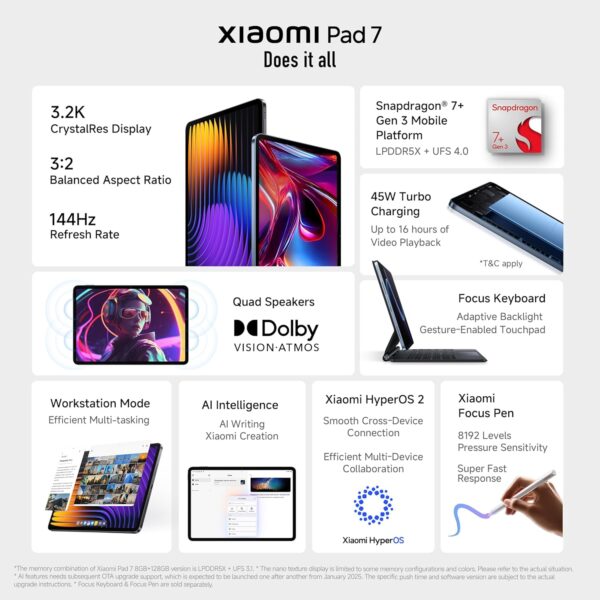 Xiaomi Pad 7 |Qualcomm Snapdragon 7+ Gen 3 |28.35cm(11.16") Display |12GB, 256GB |3.2K CrystalRes Display |HyperOS 2 |68 Billion+ Colours |Dolby Vision Atmos |Quad Speakers |Wi-Fi 6e |Graphite Grey - Image 3