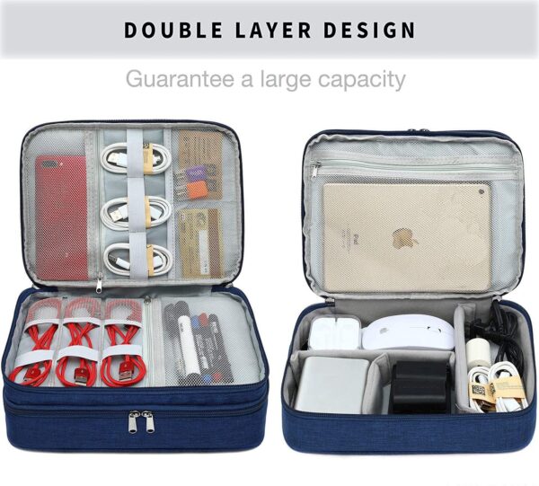 Seagull flight of fashion Nylon Double Layer Electronic Gadget Organizer Case, Cable Organizer Bag For Accessories With Mobile Stand - 27 X 20 X 9 Cm - Navy Blue - Model 1 - Image 6