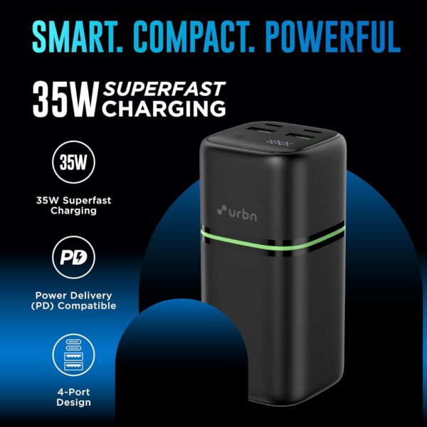 URBN 20000 mAh 35W Ultra Fast Power Bank | Two Way Ultra Fast Charging | Pocket Size| Dual Type C Power Delivery (PD) Output + 2 USB-A Output for Quick Charge for Laptop Charging (Black) - Image 3
