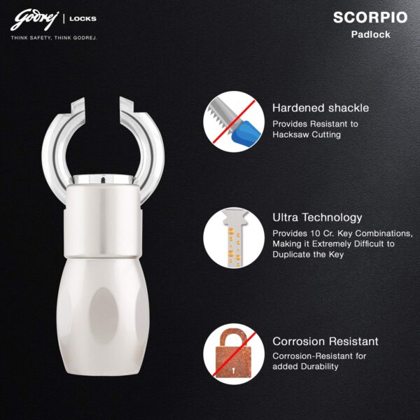 Godrej Locks I Ultra Scorpio Padlock I 3 Keys I for Main Door I Gate Lock I Tool Box, Shutters, Shops & Offices I Strong Hardened Corrosion Resistant Shackle I Nickel Finish - Image 5