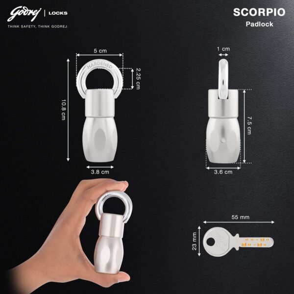 Godrej Locks I Ultra Scorpio Padlock I 3 Keys I for Main Door I Gate Lock I Tool Box, Shutters, Shops & Offices I Strong Hardened Corrosion Resistant Shackle I Nickel Finish - Image 7