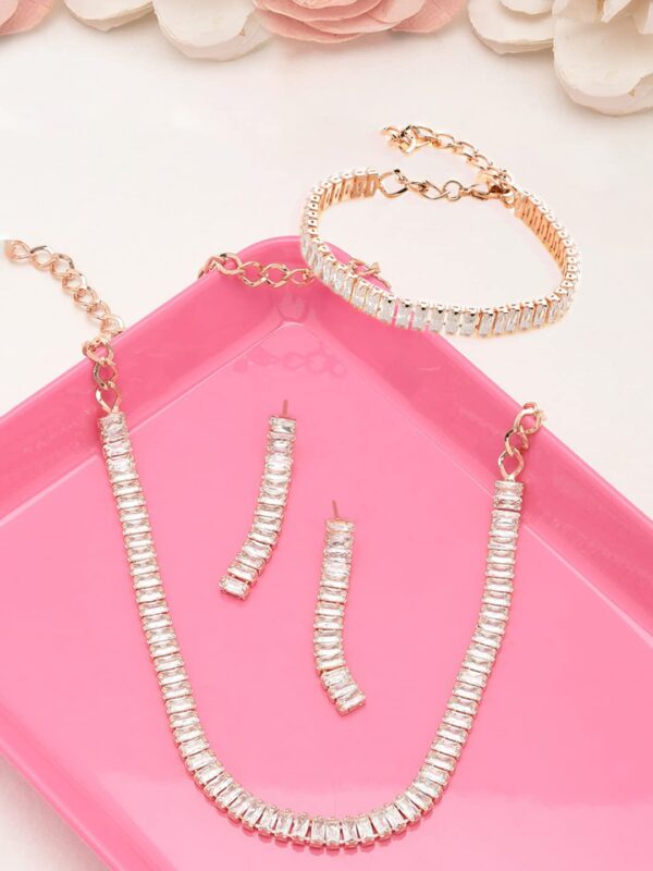 ZAVERI PEARLS Rose Gold Dazzling Baguette Cubic Zirconia Necklace Earring & Bracelet Set For Women-ZPFK12570 - Image 3