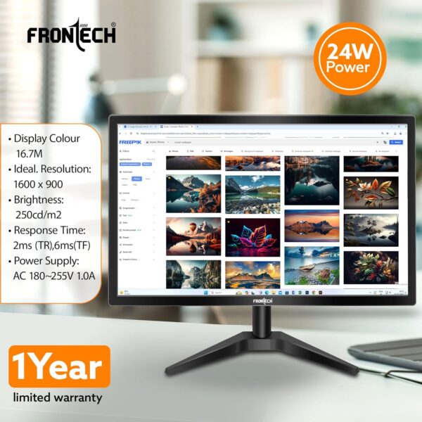 FRONTECH 20 Inch HD LED Monitor | Refresh Rate 60 Hz, 1600 x 900 Pixels | Wall Mountable Slim & Stylish Design with 16.7M Colors | HDMI & VGA Ports, Built-in Power Supply (MON-0054,Black) - Image 5