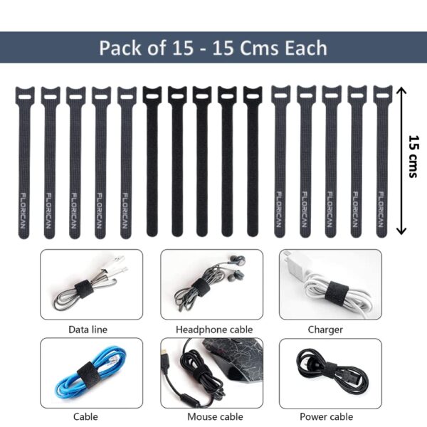 FLORICAN Cable Organiser, Cord Management System for PC, TV, Home Theater, Speaker & Cables, Reusable Cable Organizer for Desk, WFH Accessories, Reusable Cable Ties Strap (15 Pcs) - Image 5