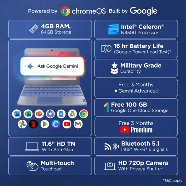 Lenovo {SmartChoice)Chromebook Intel Celeron N4500 (4GB RAM/64GB eMMC 5.1/11.6 Inch (29.46cm)/HD Display/2Wx2 Stereo Speakers/HD Camera/Chrome OS/Blue/1.21Kg), 82UY0014HA - Image 3