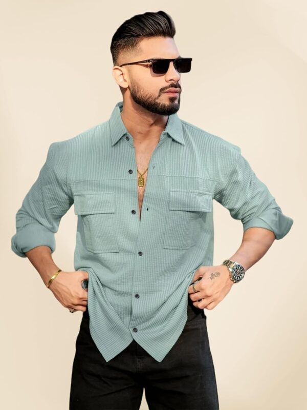 IndoPrimo Men's Regular Fit Fancy Double Pocket Casual Shirt for Men Full Sleeves - Cargo - Image 3