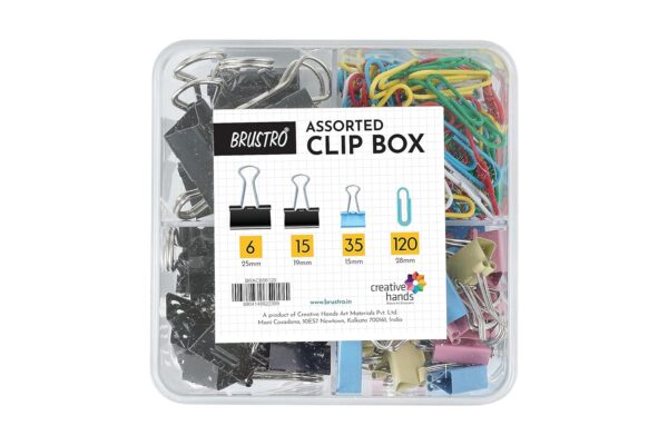 BRUSTRO Assorted Clip Box | Includes 120 Paper Clips-28mm & 56 Binder Clips (25mm- 6 pcs| 19mm- 15 pcs| 15mm- 35pcs) | Home, Office, Stationery use, Ideal for Kids and Adults, Reusable, Flexible - Image 2