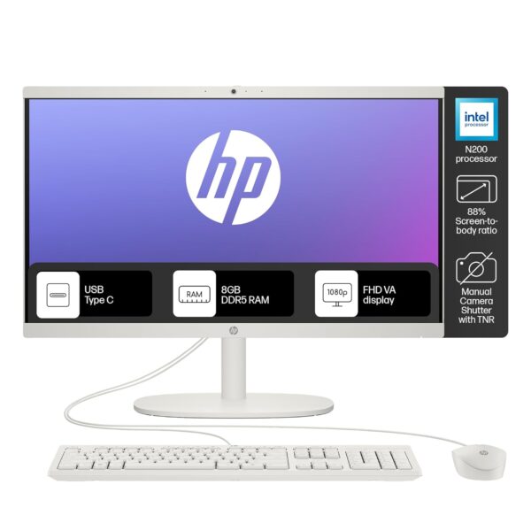 HP All-in-One, Intel N200 (8GB DDR5, 512GB SSD) 21.45'' (54.5 Cm), FHD, Win11, White, 4.17 Kg, Intel UHD Graphics, 720P HD Camera W/Privacy Shutter, Dual Speakers, Dg0154In - Image 2