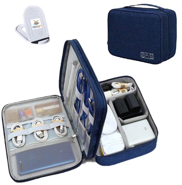Seagull flight of fashion Nylon Double Layer Electronic Gadget Organizer Case, Cable Organizer Bag For Accessories With Mobile Stand - 27 X 20 X 9 Cm - Navy Blue - Model 1 - Image 2