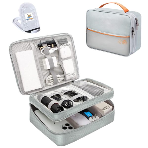 Seagull flight of fashion Nylon Double Layer Professional Electronic Gadget Organizer Case, Cable Organizer Bag For Accessories With Mobile Stand - 27 X 20 X 9 Cm - Grey - Model 2 - Image 2